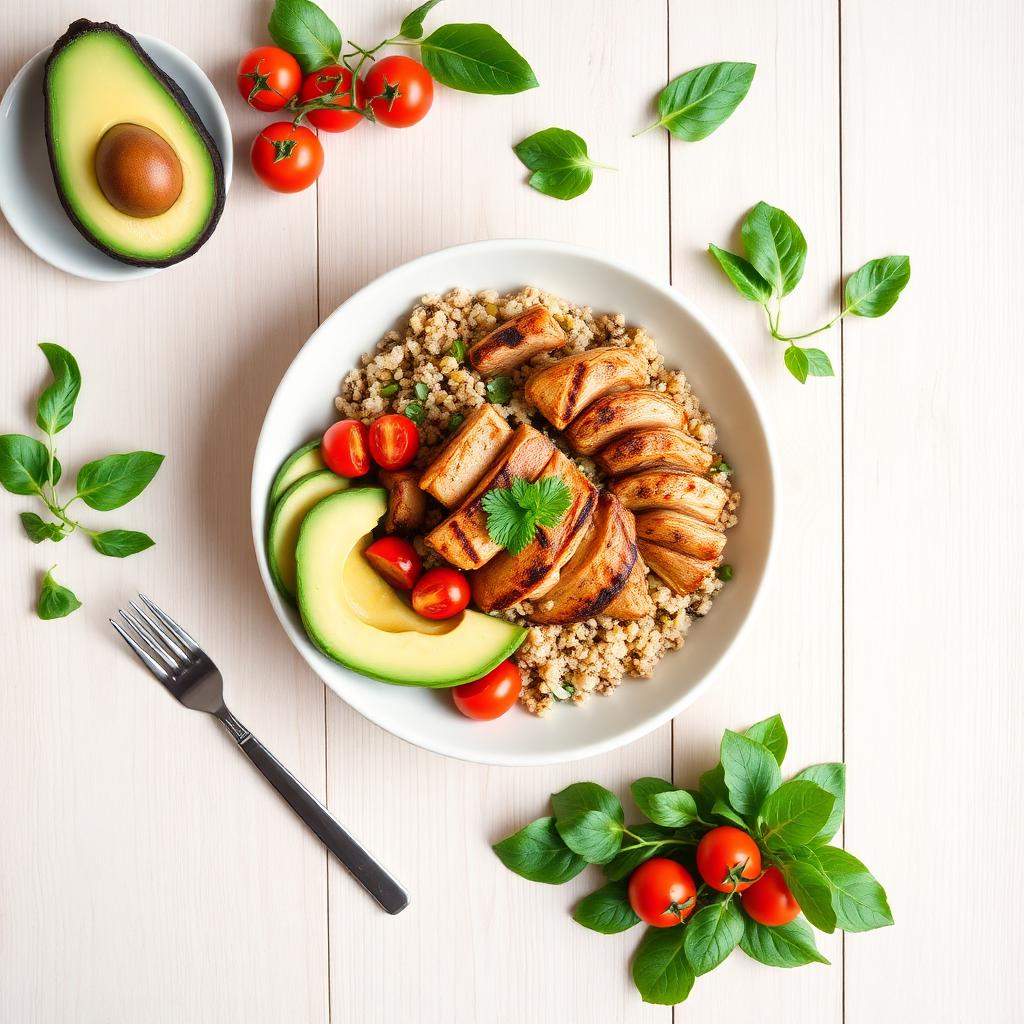 Prato equilibrado com quinoa, frango grelhado, abacate e tomates