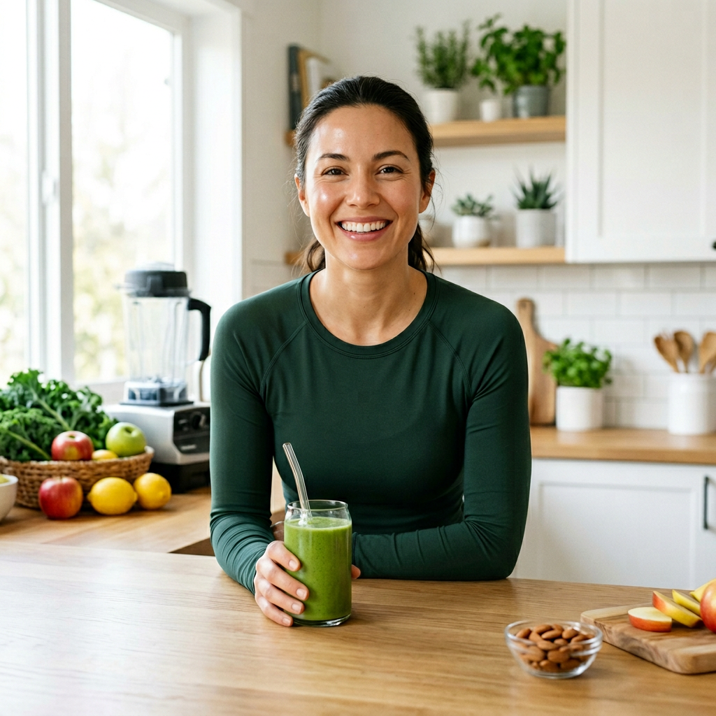 Mulher saudável sorrindo com smoothie verde em uma cozinha iluminada