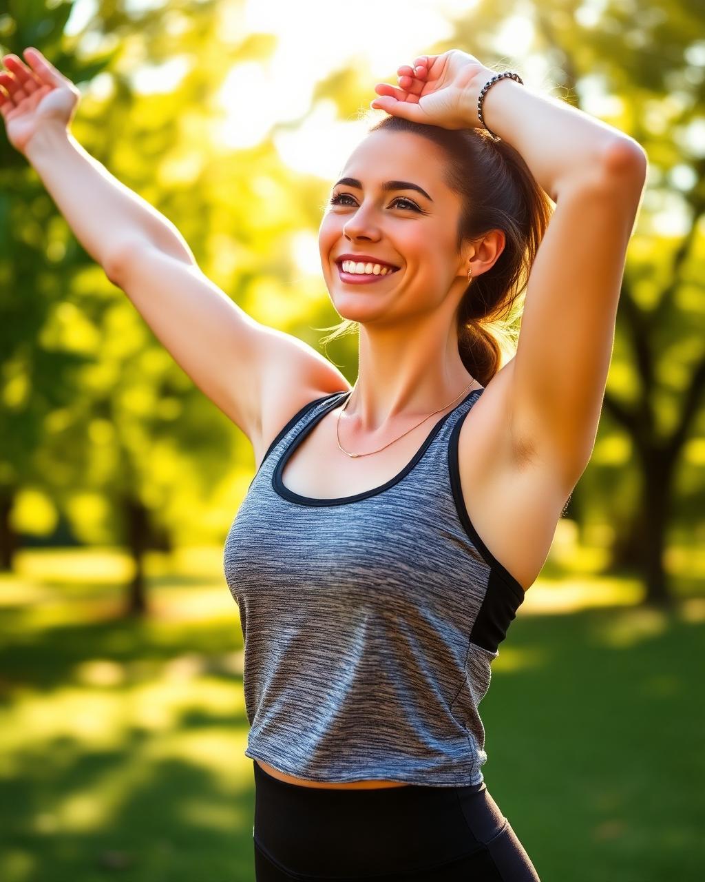 Mulher se alongando ao ar livre com expressão de bem-estar